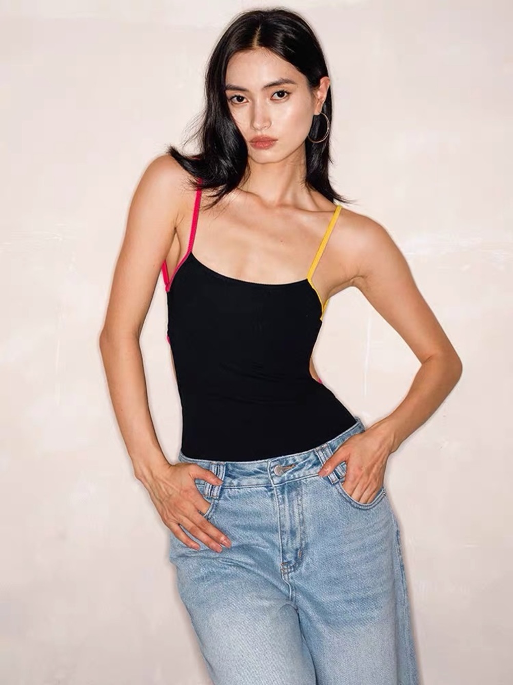Black Contrast-Strap Cami Top with Pink and Yellow Straps